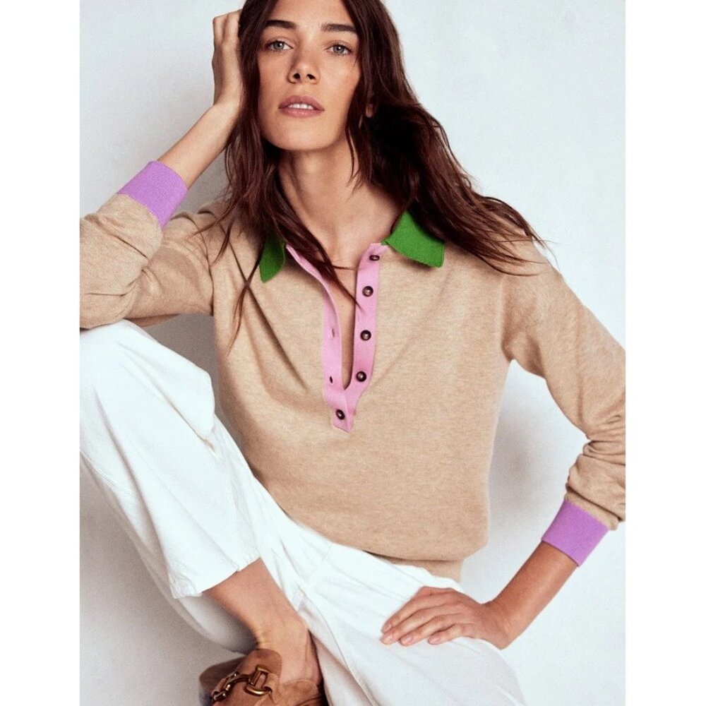 BODEN Lara Cotton polo sweater – Large – Tan, Pink, Green Henley Jumper Boden
